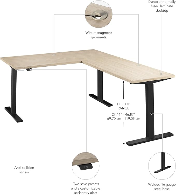 Bush Business Furniture 60-inch Height Adjustable L Shaped Standing Desk, Electric Sit-Stand Corner Computer Table, Ergonomic Office, Move 60 Series, Natural Elm with Black Base