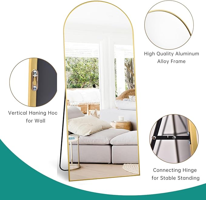 TinyTimes 71''x30'' Oversized Arched Full Length Mirror Large Full Body Floor Mirror with Stand for Hanging, Big Full Size Long Mirror with Aluminum Frame for Bedroom, Living Room (Gold)