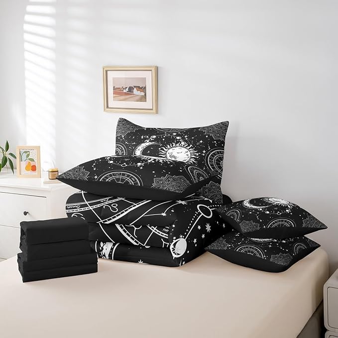 Sun and Moon 7 Piece Bedding Set, Constellation Galaxy Comforter Set Cover for Kids Boys Girls Teens Psychedelic Boho Mandala Bedding Set Celestial Black White Full Size
