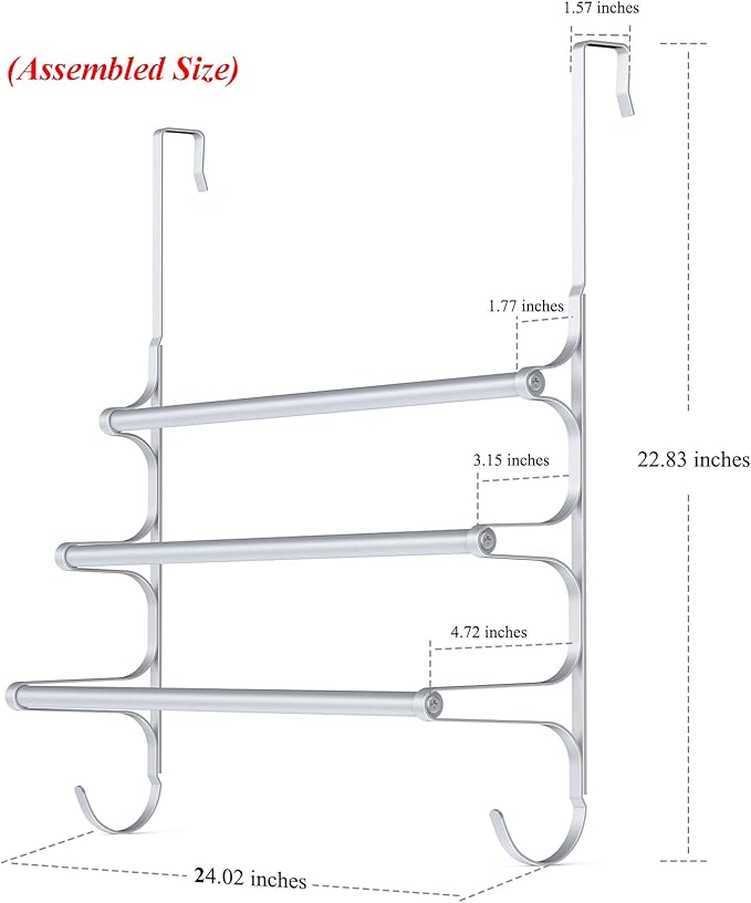 Over The Door Towel Rack, Triple Towel Storage Holder with Hooks, 24.02 Inches Towel Bar Hanger Towel Racks for Bathroom (Silver)
