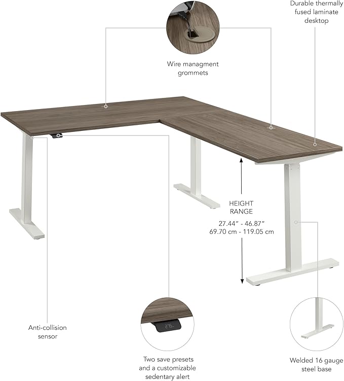 Bush Business Furniture 60-inch Height Adjustable L Shaped Standing Desk, Electric Sit-Stand Corner Computer Table, Ergonomic Office, Move 60 Series, Modern Hickory with White Base