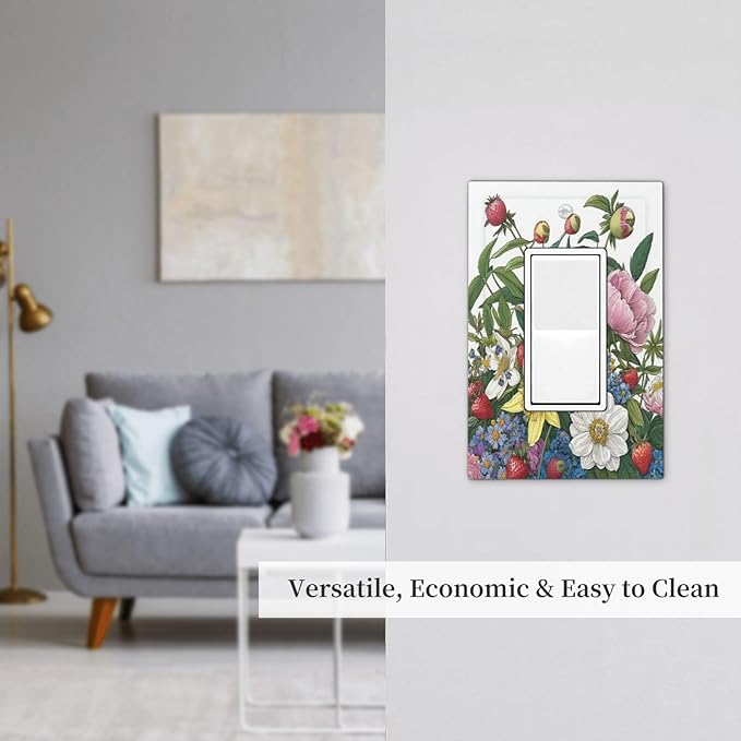 Spring Watercolor Flower Plant Strawberry Peony Floral Decorative Outlet Covers 1 Gang Single Rocker Wall Plates GFCI Faceplate Light Switch Cover Plate for Bedroom living Room Decor