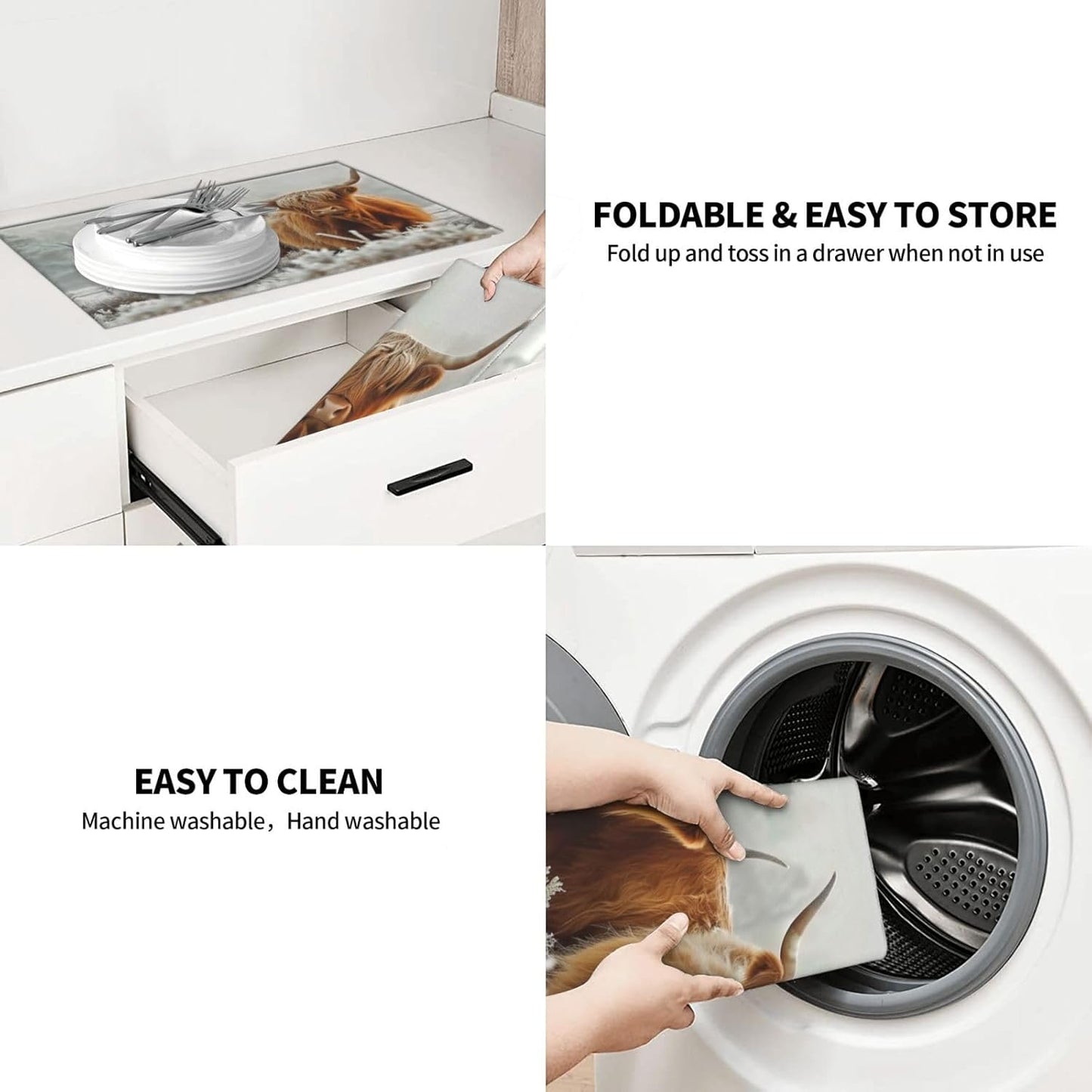 Highland Cow Dish Drying Mat 18x24 For Kitchen Counter Absorbent Microfiber Dishes Pad Dish Drainer Rack Mats Fast Dry Kitchen Accessories