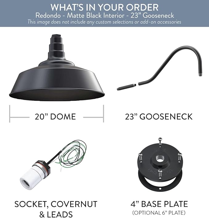 Steel Lighting Co. Redondo Barn Light | Outdoor Wall Mounted | 20 inch Dome | 23 inch Gooseneck | Large Farmhouse Warehouse Light Made in America | Matte Black Exterior/Matte Black Interior