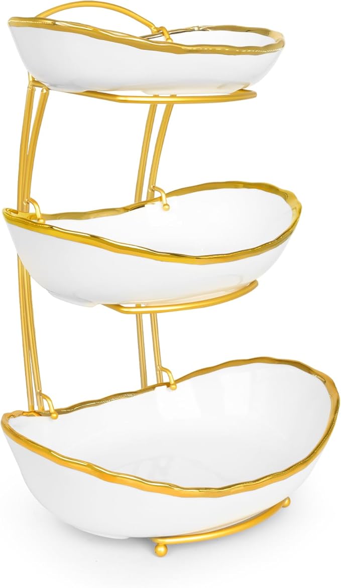 3 Tier Fruit Bowl for Kitchen Counter, Ceramic Serving Bowls with Gold Metal Stand, Tiered Fruit Basket Display Rack for Fruits Vegetable Snack Nuts Cake Dessert Storage