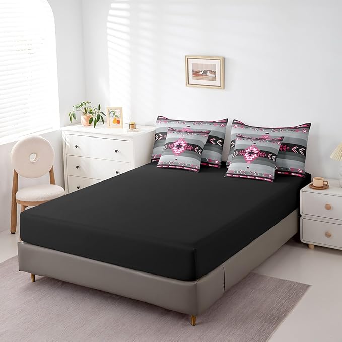 Southwest Native American Bedding Set King Southwestern Geometric 7 Piece Bedding Set Decor Tribal Rose Pink Grey Black Bed Set Includes Comforter, Sheet Set, Pillowcases & Pillow Covers Modern Art
