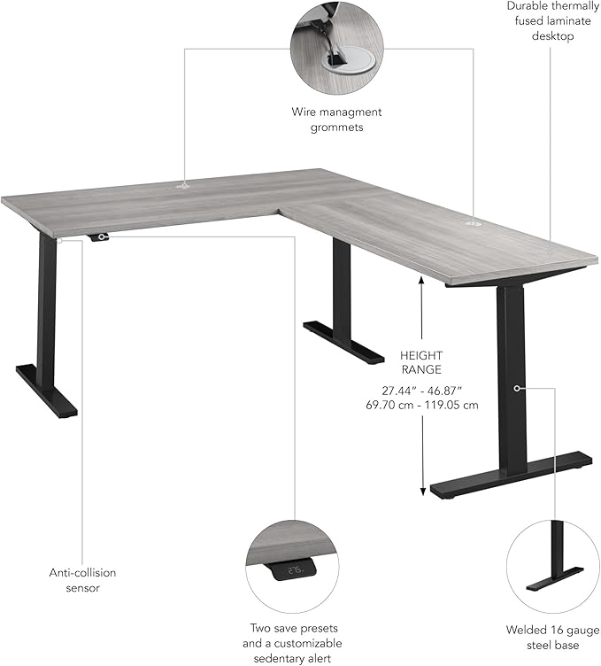 Bush Business Furniture 60-inch Height Adjustable L Shaped Standing Desk, Electric Sit-Stand Corner Computer Table, Ergonomic Office, Move 60 Series, Platinum Gray with Black Base