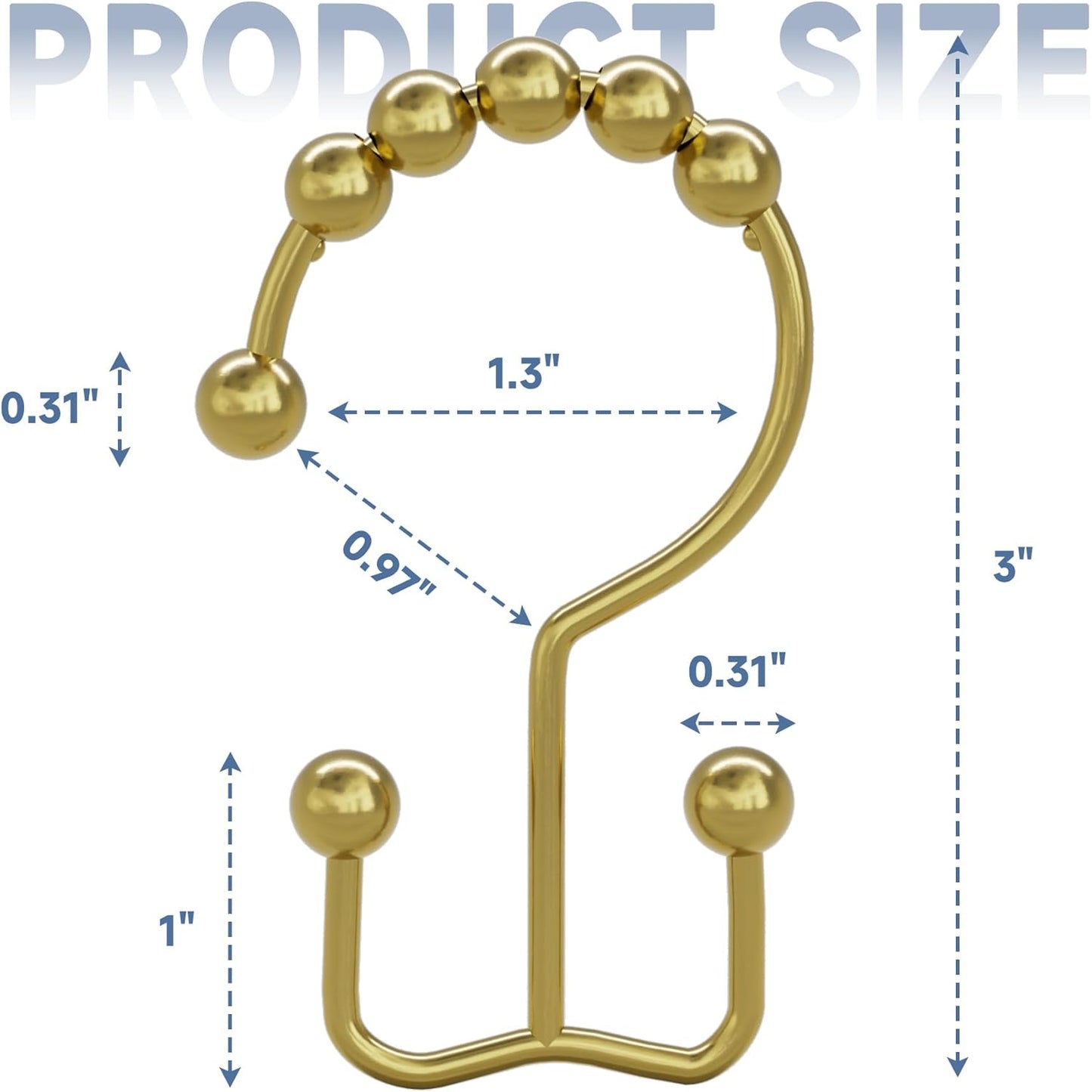 Titanker Gold Shower Curtain Hooks Rings, Rust-Resistant Metal Double Glide Shower Hooks Rings for Bathroom Shower Curtains Rods, Set of 12 Hooks - Gold