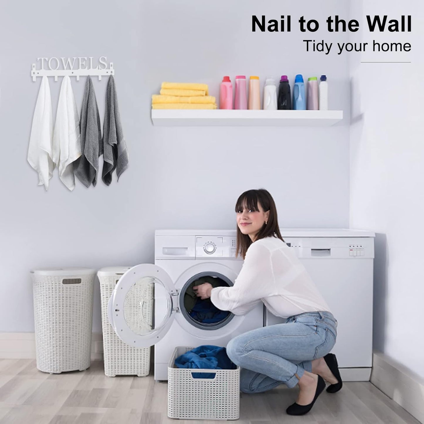 Over The Door Hooks, Towel Rack for Bathroom Towel Holder for Hanging Heavy Duty, Wall Mount Towel Hanger with 8 Hooks for Bedroom Bathroom Kitchen Towels,White