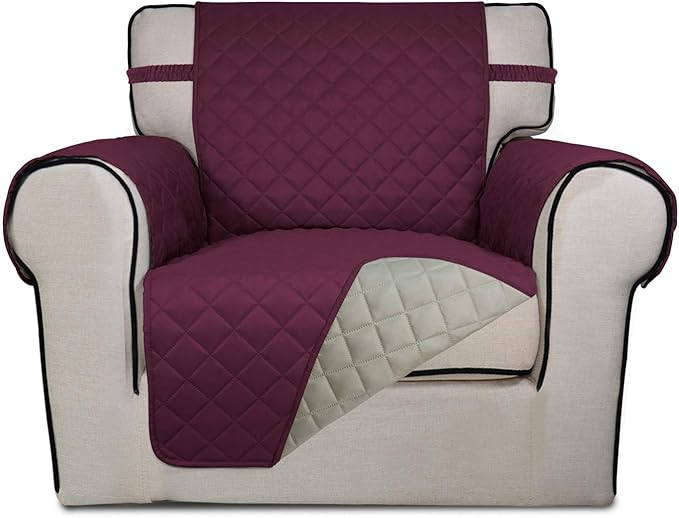 PureFit Reversible Quilted Sofa Cover, Water Resistant Slipcover Furniture Protector, Washable Couch Cover with Non Slip and Elastic Straps for Kids, Dogs, Pets (Chair, Wine/Beige)