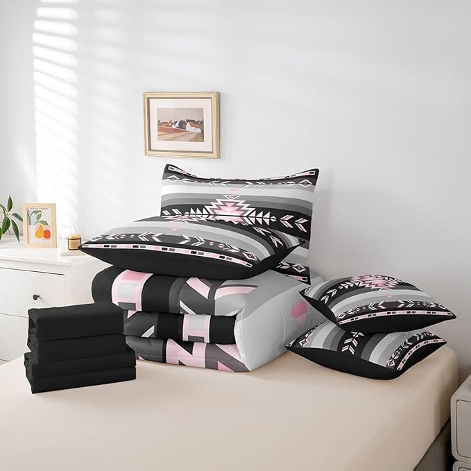 Southwest Native American Bedding Set King Southwestern Geometric 7 Piece Bedding Set Decor Tribal Pink Grey Black Bed Set Includes Comforter, Sheet Set, Pillowcases & Pillow Covers Modern Art Bedroom