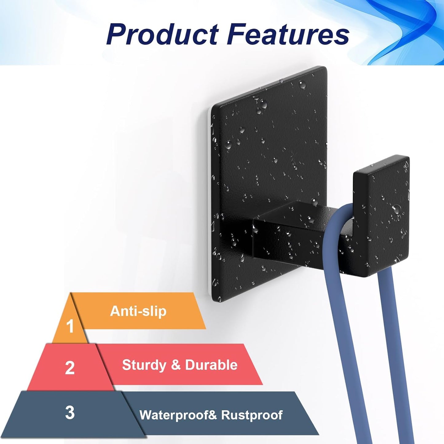 Adhesive Shower Hooks, Towel Hooks for Hanging Robe, Coat, Hat, Loofah, Heavy Duty Wall Hooks Stick on Bathroom, Kitchen and Office (2 Pack, Black)