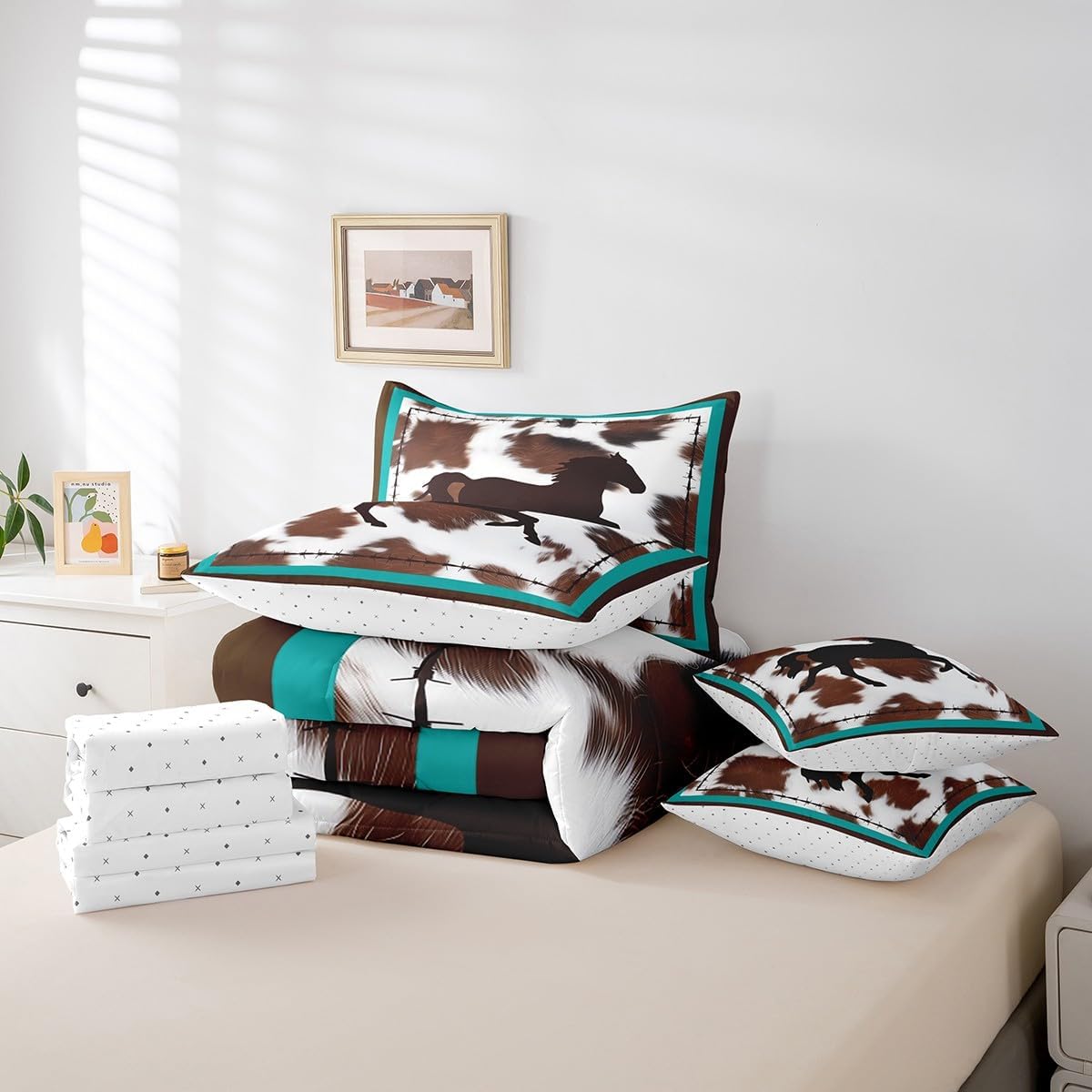 Horse 7 Piece Bedding Set 7 Piece Bedding Set Rustic Western Cowboy Cowhide Print Comforter Cover Bedroom Decor Retro Farmhouse Horse Teal Blue Brown Twin Size