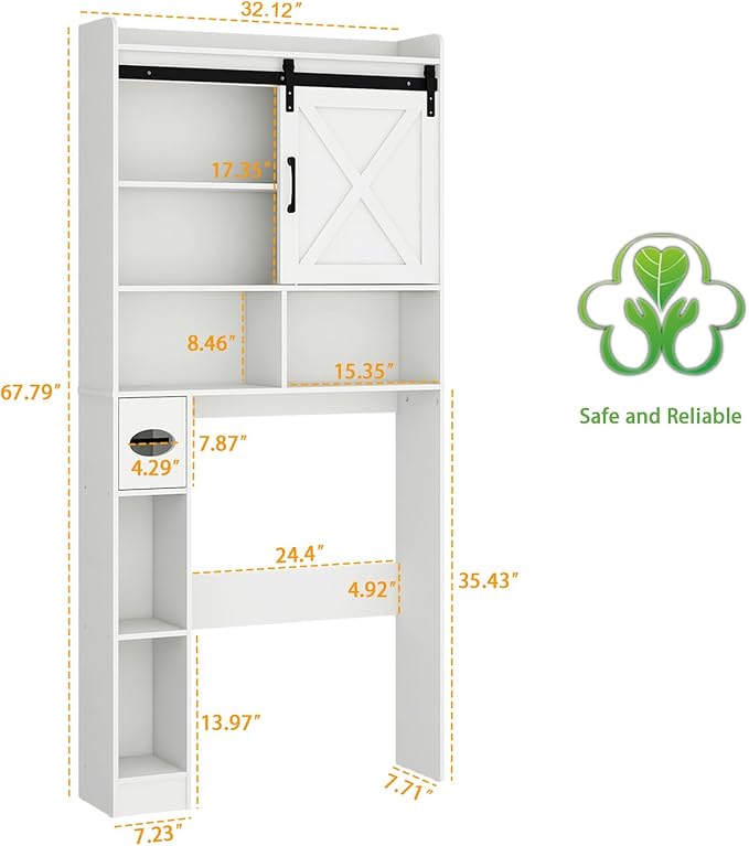 Over The Toilet Storage Cabinet, Farmhouse Storage Cabinet Over Toilet with Sliding Barn Door & Toilet Paper Holder Stand,Home Space-Saving Toilet Rack, for Bathroom, Restroom, Laundry