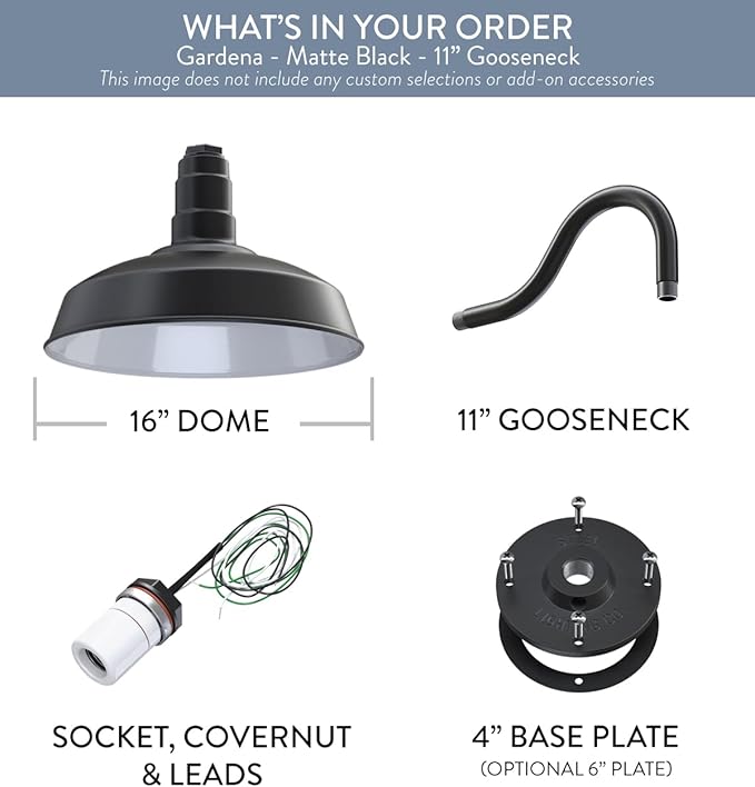 Steel Lighting Co. Gardena Barn Light | Outdoor Wall Mounted | 16" Dome | 11" Gooseneck | Farmhouse Light Made in America | Matte Black Exterior/White Interior