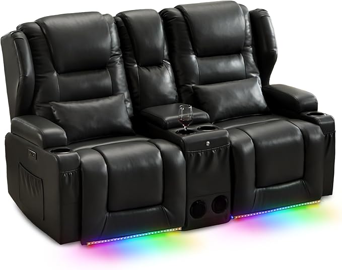 SAMERY Power Loveseat Recliner Sofa with Adjustable Split Back, USB Charging, Bluetooth Speakers & LED Lighting – Home Theater Seating with Storage, Cup Holders, Black Faux Leather Loveseat Recliner