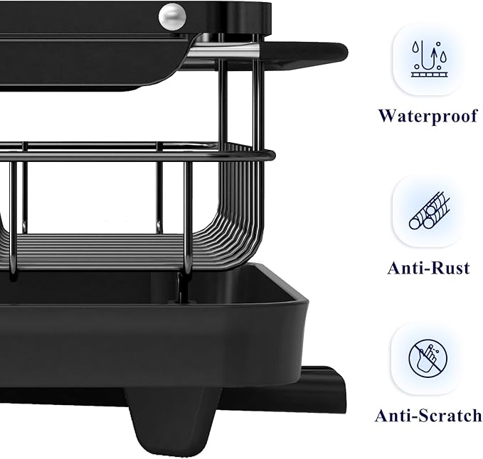 Kitsure Dish Drying Rack for Kitchen Counter, Stainless Steel Sink Organization and Storage Essentials with Cutlery Holder, Home and Appartment Decor, 12.2''W x 15.7''~23''L, Black
