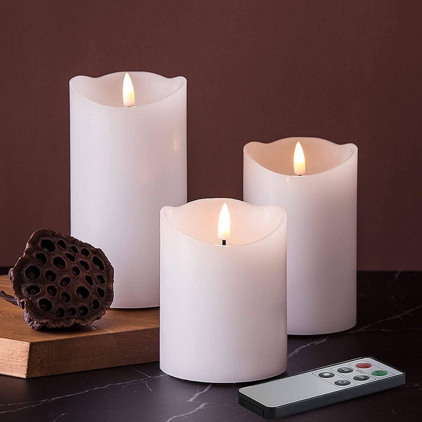Eywamage White Flameless Pillar Candles with Remote, Flickering Realistic Battery Powered LED Wax Candles, Φ 3" H 4" 5" 6"