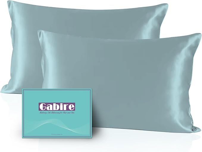 Mulberry Silk Pillowcases Set of 2, Real Silk Pillowcases for Hair and Skin, Prevent Acne, Organic, 2 Pack with Hidden Zipper, Haze Blue, Standard (20"26")