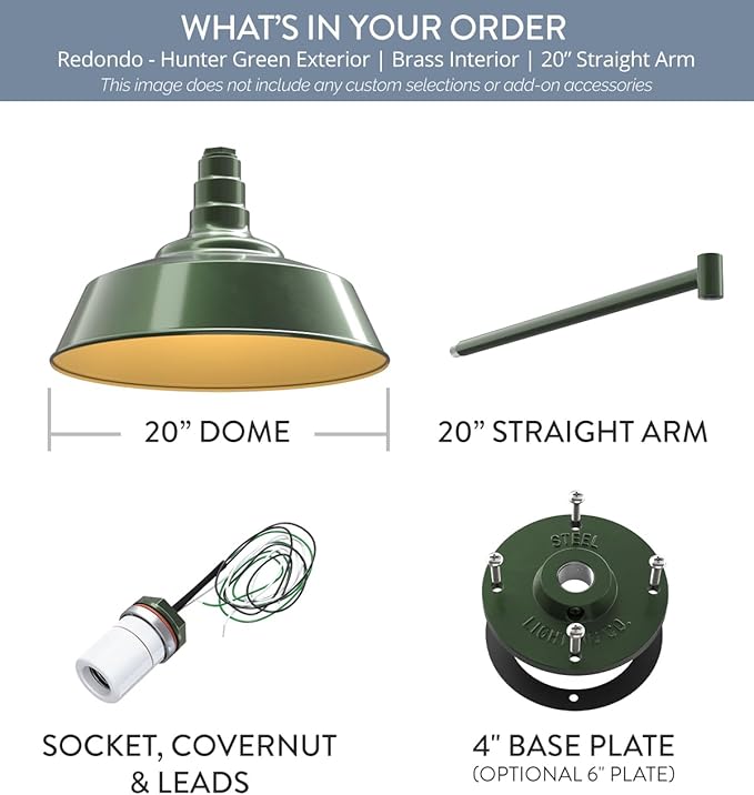 Steel Lighting Co. Redondo Barn Light | Outdoor Wall Mounted | 20 inch Dome | 20" Straight Arm | Large Farmhouse Warehouse Light Made in America | Hunter Green Exterior/Brass Interior