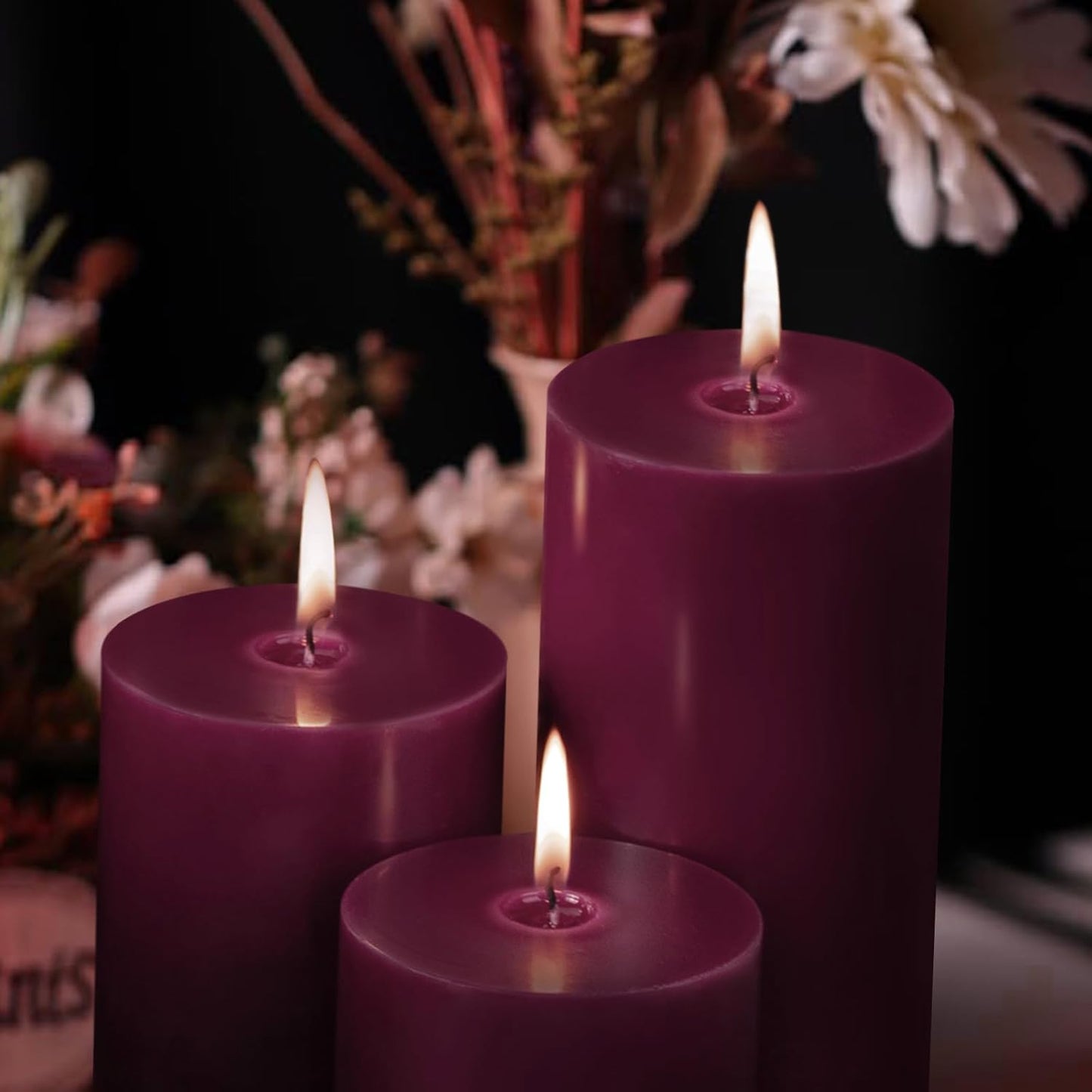 KONNI Purple Pillar Candles Set of 3, 3"x 4" Unscented Pillar Candles Bulk, 39 Hours Long Burning Candles, Smokeless&Dripless Large Round Candle for Wedding, Home Decoration, Parties, Spas, Dinner