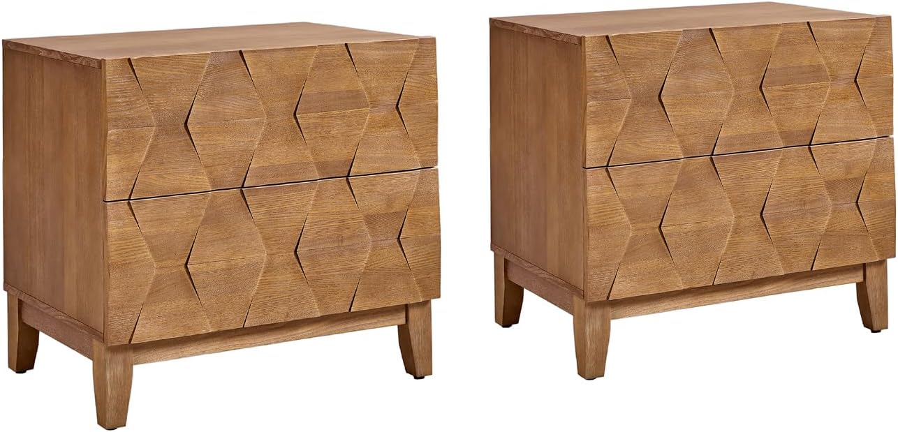 HULALA HOME Wood Nightstand Set of 2 with Charging Station 2 Drawer Dresser with Wooden Legs Mid Century Modern Bedside French Style End Table for Bedroom, Seadrift