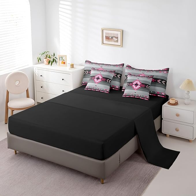 Southwest Native American Bedding Set Full Southwestern Geometric 7 Piece Bedding Set Decor Tribal Rose Pink Grey Black Bed Set Includes Comforter, Sheet Set, Pillowcases & Pillow Covers Modern Art