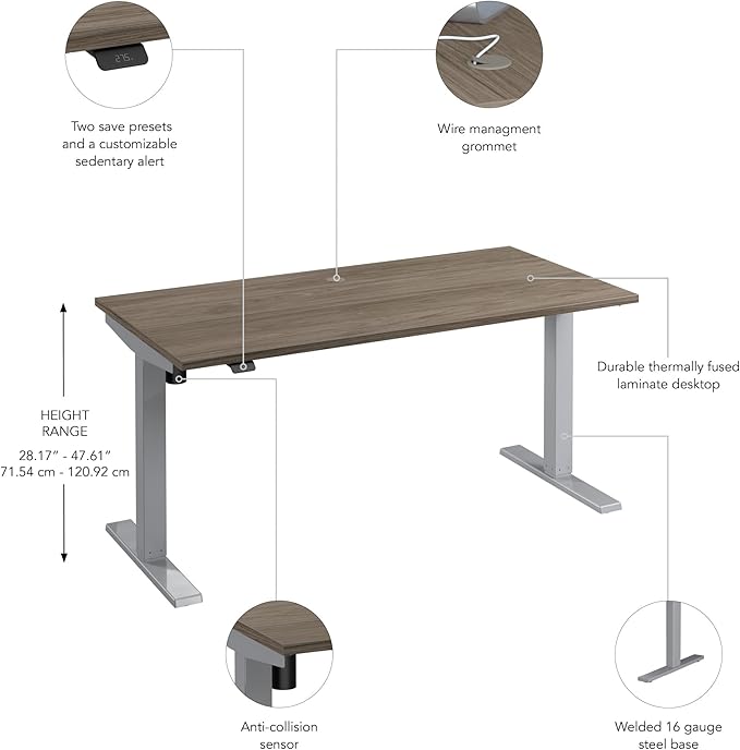 Bush Business Furniture 60-inch Electric Height Adjustable Standing Desk, Ergonomic Sit-Stand Computer Table for Home and Professional Office, Move 40 Series, Modern Hickory with Metallic Gray Base