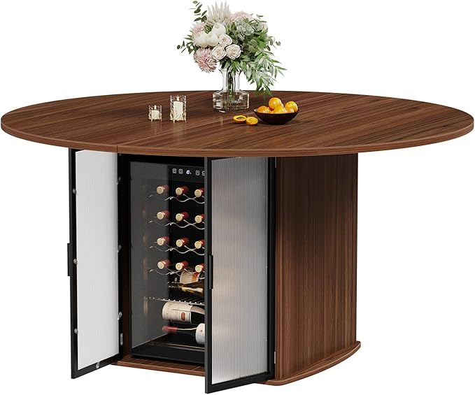 IBF 47" Round Dining Table with Fridge Storage Space, Circle Kitchen Table for 4 to 6 People, Dining Room Tables with Adjustable Shelf, Wood Dinner Tables for Home Kitchen, Walnut (Only Table)