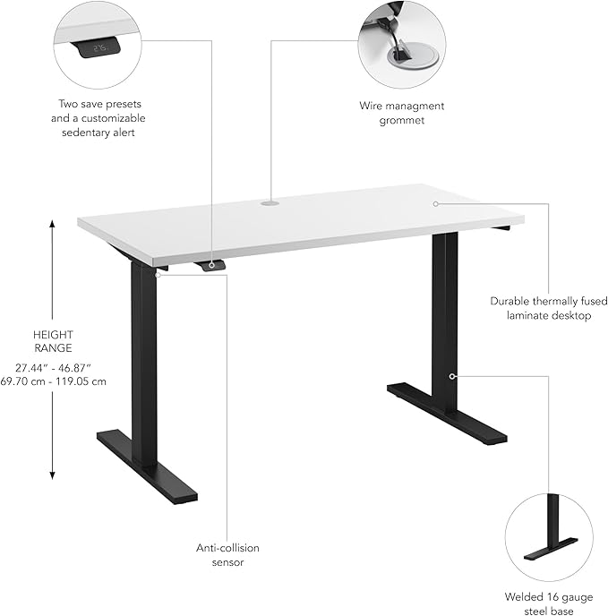 Bush Furniture Move 60 Electric Height Adjustable Desk, Ergonomic Sit-Stand Computer Table for Home and Professional Office, 48W x 24D, White
