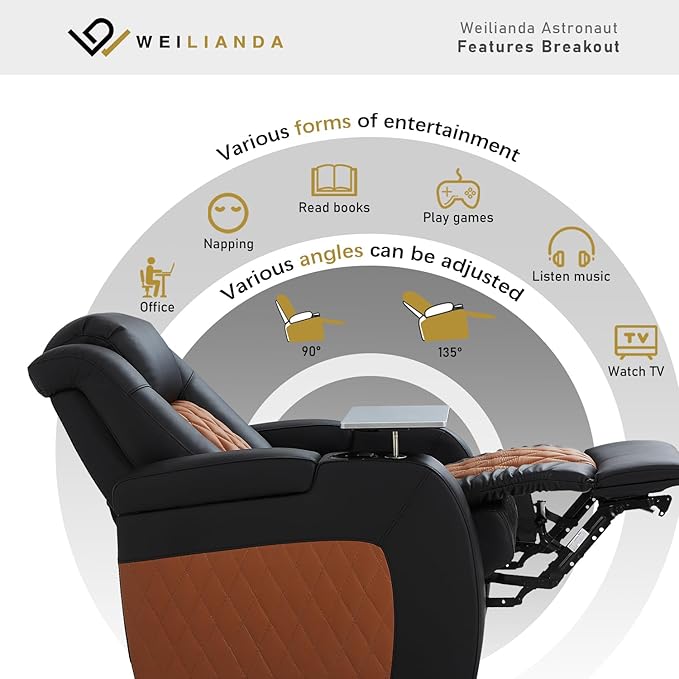 Home Theater Seating, Top Grain Leather Movie Seats Recliner Chair, Zero Gravity Reclining Gaming Sofa with Power Headrest 7 Colors Ambient Lighting 5 Seats Black Camel
