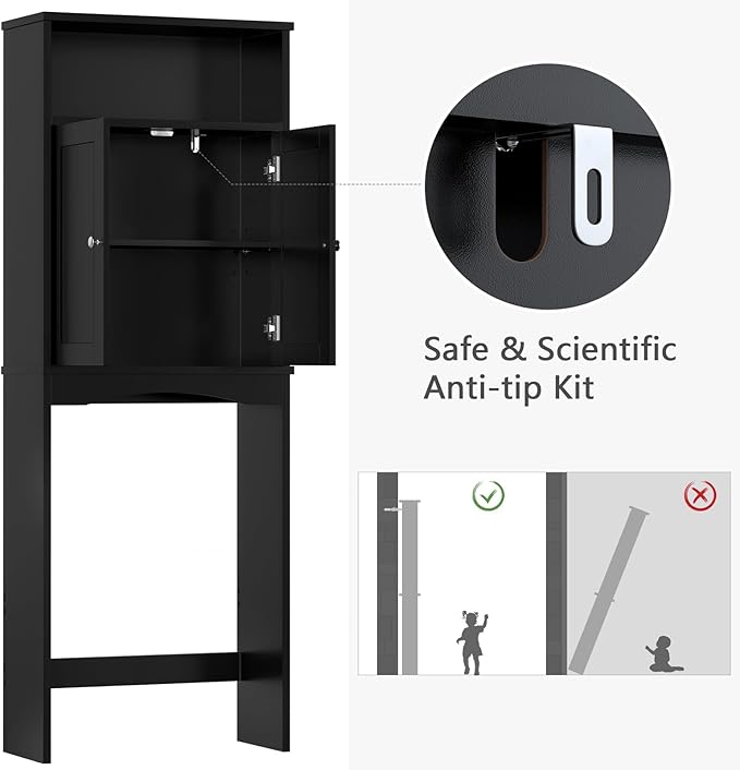 Over The Toilet Storage Cabinet, Over The Toilet Storage with Adjustable Shelf and Double Doors, Above Toilet Storage Cabinet for Bathroom Storage Over Toilet Bathroom Organizer (Black)