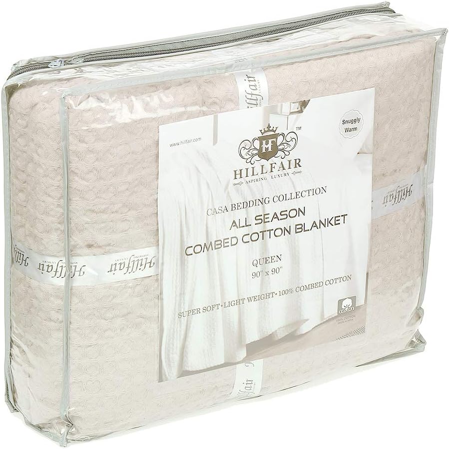 HILLFAIR 100% Combed Cotton Blanket– Twin Size Bed Blankets– Warm Soft All Season Breathable Lightweight Summer Blankets– Waffle Weave Home Decor Bed Blanket- Ivory Twin Bed Cotton Blankets/Bedcovers