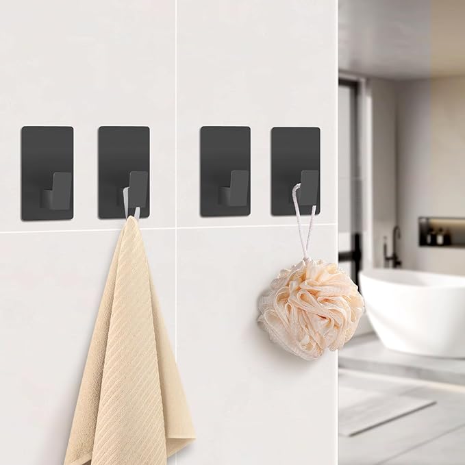 Towel Hooks for Bathrooms Adhesive, 4 Pack Towel Hooks Heavy Duty Wall Hook for Hanging Towel, Robe, Loofah, Purse, Stainless Steel Shower Hooks for Inside Shower, Kitchen (Black)