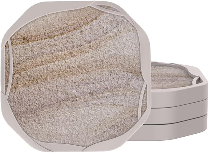 UMIRRO Absorbent Coasters for Drinks, Rustic Silicone Cup Coaster with Felt Insert for Beach Coffee Table Decor, Small Birthday Gift Ideas for Men Dad Him Women Mom Her, 4", Sandstone Style, Set of 4