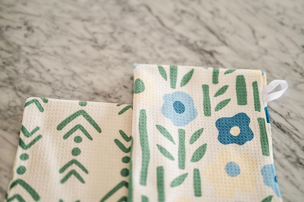 2 Pack Double Sided || Not Your Ordinary Kitchen Towels || Dish Towels ||Quick Dry || Waffle Weave Microfiber || Highly Absorbent || Hanging Hook (Blue Green Arrow)