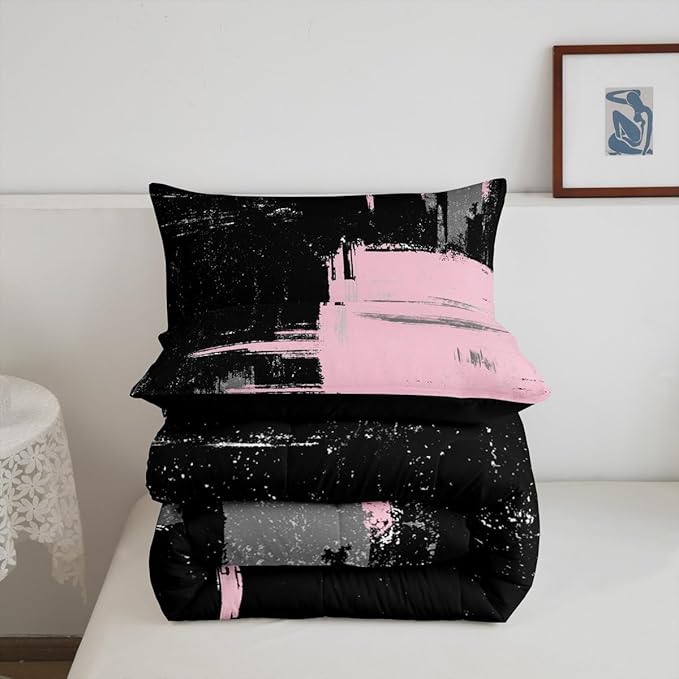 Pink Black Abstract Duvet Quilt Queen Size Geometric Bedding Set for Kids Boys Girls Decor Modern Art Comforter Set Breathable Soft Lightweight Microfiber Buffalo Check Bedroom Decor Bedclothes