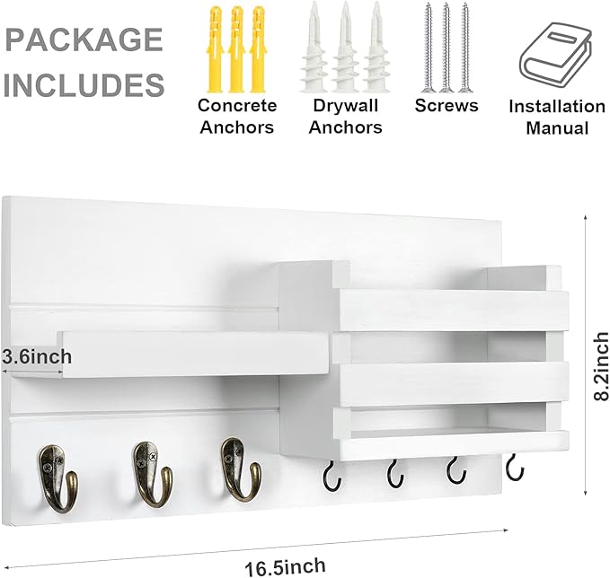 Mail Organizer for Wall Mount – Key Holder with Shelf Includes Letter Holder and Hooks for Coats, Dog Leashes – Rustic Wood with Flush Mounting Hardware (16.5” x 8.7” x 3.5”)