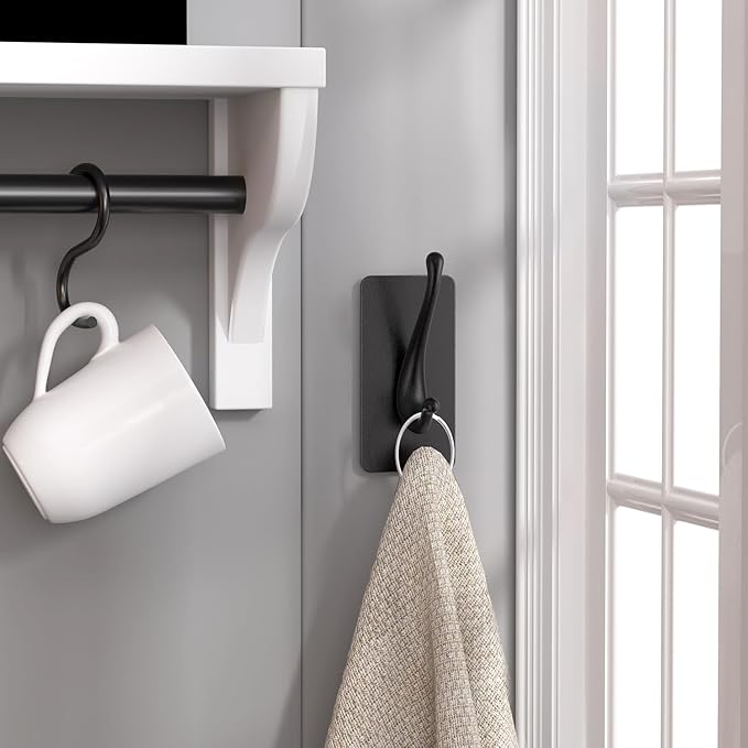 Towel Hooks, Solid Alloy Adhesive Wall Hooks for Hanging, Towel Hooks for Bathroom, RV, Kitchen, Closets, etc (Black, 2 Pack)