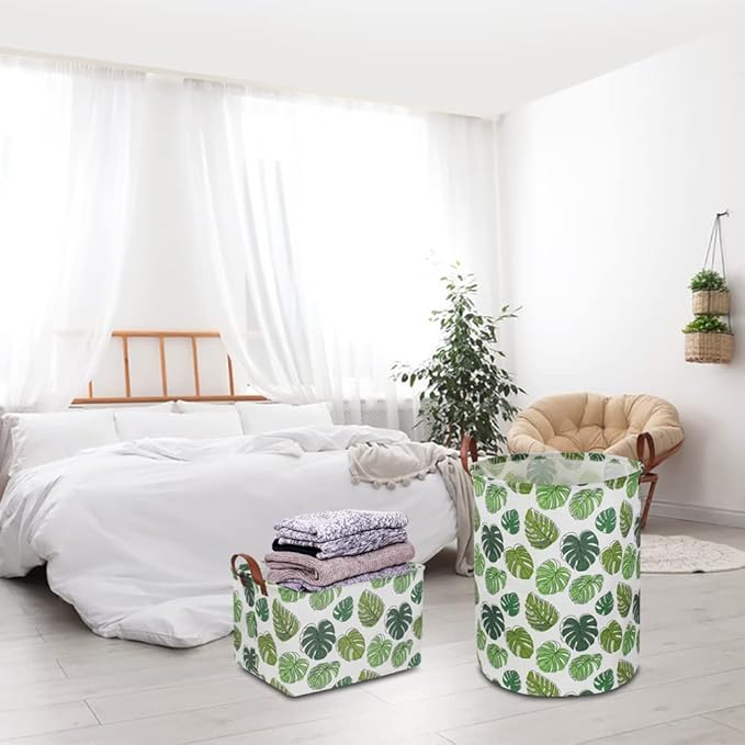Round Green Laundry Hamper, Jungle Themed Nursery Decor, Tropical Pattern Basket, Monstera Room Decor,Waterproof Storage Bin, Gift Basket(Leaf)
