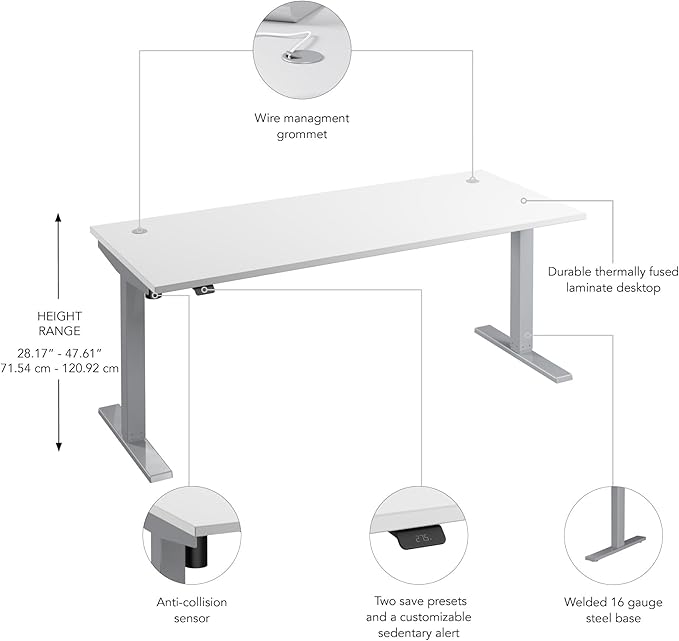 Bush Business Furniture Move 40 Series 72W x 30D Electric Height Adjustable Standing Desk in White with Silver Base, Ergonomic Sit-Stand Computer Table for Home and Professional Office