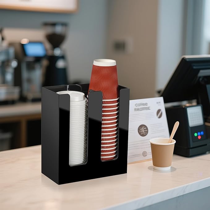 MYITYARD Coffee Cup Holder, Cup and Lid Organizer fits 5 to 16 oz Disposable Paper & Plastic Cups, Cup Dispenser Countertop, Acrylic Cup Storage for Home, Kitchen, Office (2 Compartment)