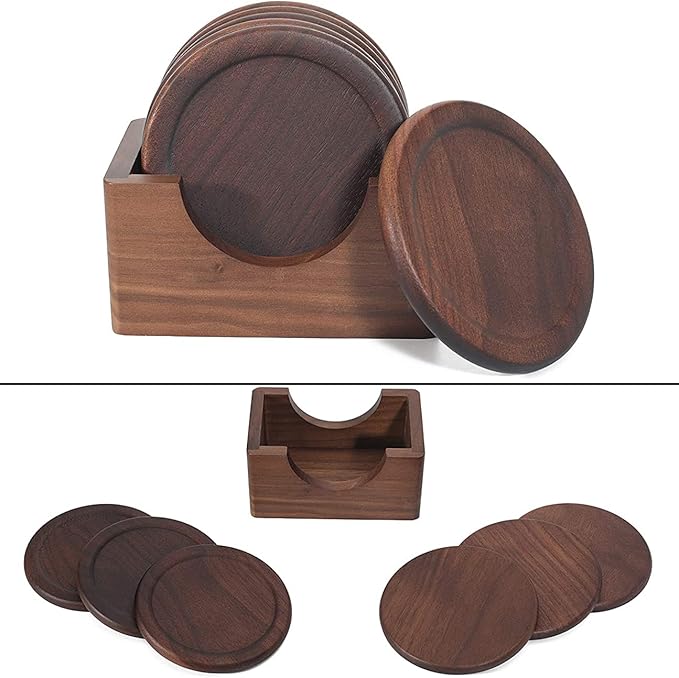 Mu&Ti Two Sets 100% Natural Wood Coaster, Coffee Beer Coaster, Walnut Dark Wood Wonderful Decor for Dining Tables and Office Tables, Holder Included (Black Walnut Two Sets)