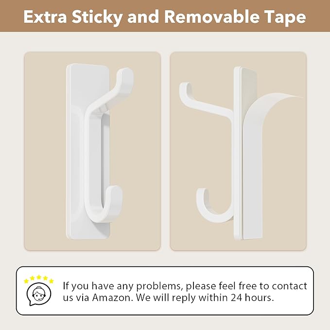 Wall Hooks for Coat and Towel: 13LB Adhesive Door Hanger Stick on, White 4 Pack