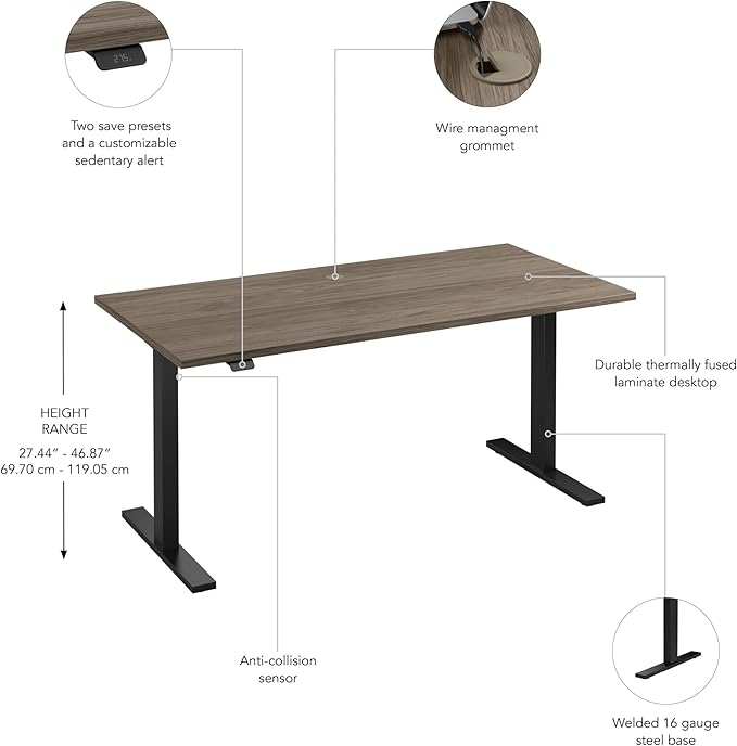 Bush Business Furniture Move 60 Series Electric Height Adjustable Standing Desk, 60W x 30D, Modern Hickory with Black Base