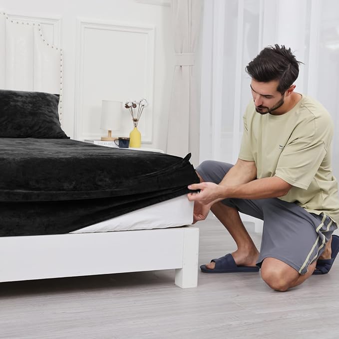 PHF Truly Velvet Fitted Sheet Only King Size, Luxury Super Soft Cozy Fuzzy Flannel Bottom Sheet, Deep Pocket Up to 16",Strenghth Elastic Band,Suitable for Fall Winter Spring, No Pillowcases, Black