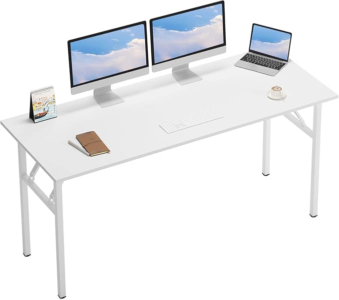 DlandHome Computer Desk 62 inches Office Desk Computer Table Study Writing Desk Workstation for Home Office Metal Frame No Install Needed White and White