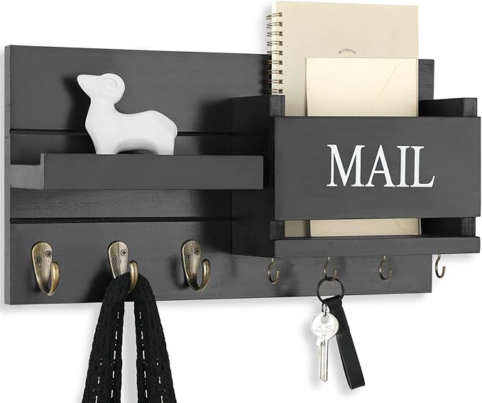 Mail Organizer for Wall Mount – Key Holder with Shelf Includes Letter Holder and Hooks for Hallway Farmhouse Decor – Rustic Wood with Flush Mounting Hardware (16.5” x 9.1” x 3.4”) (Black)
