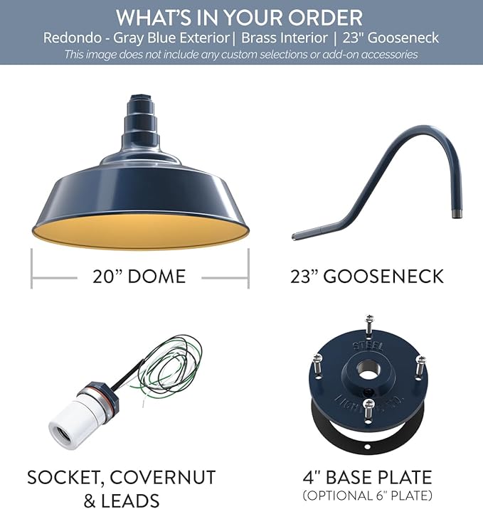 Steel Lighting Co. Redondo Barn Light | Outdoor Wall Mounted | 20 inch Dome | 23" Gooseneck | Large Farmhouse Warehouse Light Made in America | Gray Blue Exterior/Brass Interior