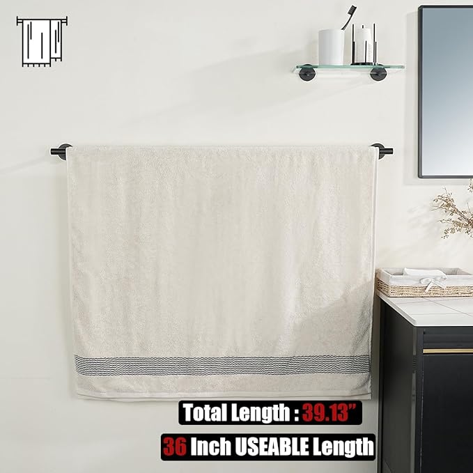 JQK Bath Towel Bar Black, 39 Inch 304 Stainless Steel Thicken 1mm Single Towel Rack for Bathroom, Towel Holder Wall Mount, Useable Length 36 Inch, TB110L36-PB
